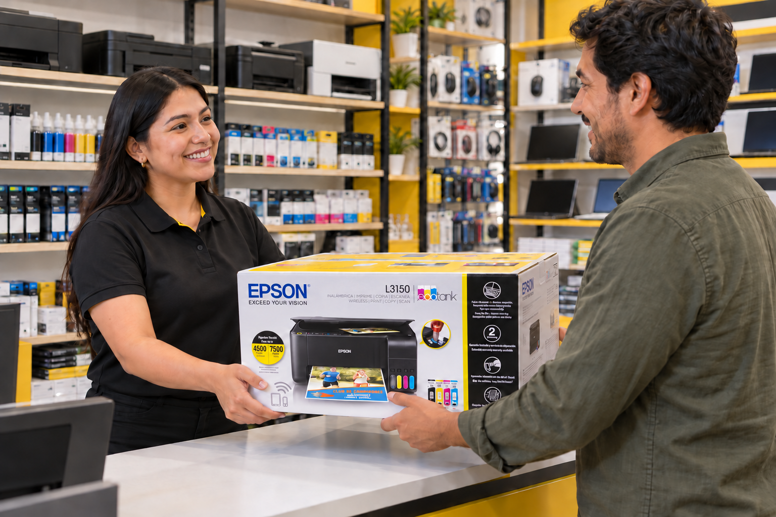 Una asesora entrega una impresora multifuncional Epson L3150 en un almacén de tecnología