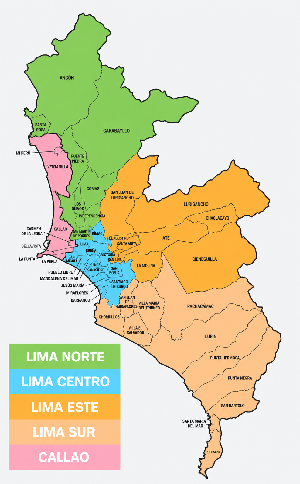 Mapa de Lima Metropolitana y Callao con las zonas de reparto de Lima Norte, Centro, Este y Sur
